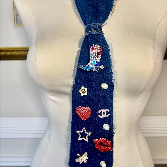Hand Crafted Accessories - Denim Tie necklaces with Colorful embellishments.
